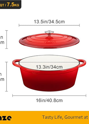 Velaze 7.5 QT Enameled Oval Dutch Oven Pot with Lid, Cast Iron Dutch Oven with Dual Handles for Bread Baking, Cooking, Frying, Non-stick Enamel Coated Cookware (RED)