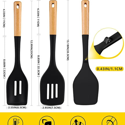 Pack of 4 Silicone Kitchen Utensils Set, Non Stick Solid Spatulas and Heat Resistant Slotted Spoons with Wooden Handle, Ideal BPA Free Cooking Utensils for Mixing,Serving,Turning,Stirring(BLACK)