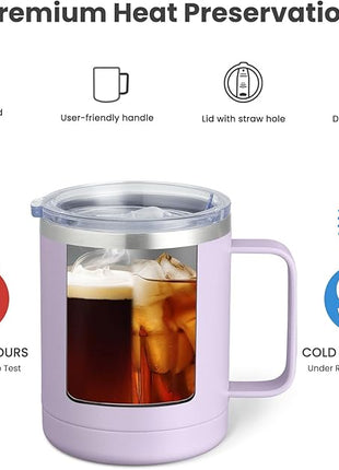 MEWAY 12oz Coffee Mug With Handle 2 Pack Bulk,Stainless Steel Insulated Travel Tumblers With Sliding Lid,Double Wall Vacuum Camping Cup for Hot & Cold Drinks Tea (Lilac&Pink,Set of 2)