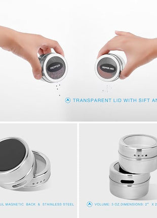 24 Magnetic Spice Tins, 200 Spice Labels, 4 Stainless Steel Measuring Spoons Magnetic Spice Containers Organizer Storage Condiment Jar Set of 24, Clear Lid, Sift and Pour