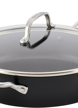 KitchenAid Hard Anodized Induction Nonstick Cookware Saute Pan/Jumbo Cooker with Lid and Helper Handle, Dishwasher Safe, 5 Quart Non Stick Sauteuse with Stainless Steel Handles - Matte Black