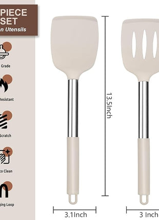E-far Silicone Spatula Set of 2, Solid & Slotted Turner for Nonstick Cookware, Heat Resistant Rubber Kitchen Cooking Utensils for Flipping Fish Pancake Egg - Khaki