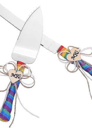 TANG SONG Set of 2 Mrs & Mrs Rainbow Gay Pride Flag LGBT Wedding Cake Knife and Serving Set with Rainbow Silk Ribbon and Heart Shaped Wood Tag Design Wedding Cake Knife (Set of 2)