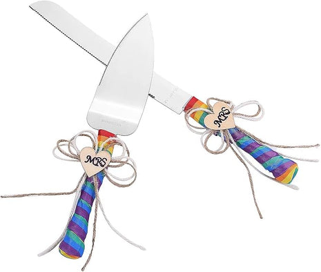 TANG SONG Set of 2 Mrs & Mrs Rainbow Gay Pride Flag LGBT Wedding Cake Knife and Serving Set with Rainbow Silk Ribbon and Heart Shaped Wood Tag Design Wedding Cake Knife (Set of 2)