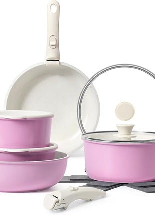 15Pcs Pots and Pans Set Non Stick, Cookware Sets with Detachable Handle, Nonstick RV Kitchen Cooking Tools Removable Handles, Oven Safe, Induction Fast, Stackable Induction Cookware, Pink