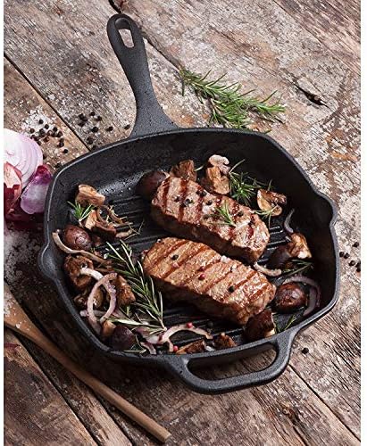 Victoria Cast Iron Grill Pan, Square Grill Pan, Cast Iron Griddle Pan, Seasoned with 100% Kosher-Certified, Non-GMO Flaxseed Oil, Black, 10 Inches