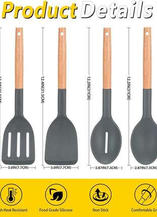 Pack of 4 Silicone Cooking Utensils Set, Non Stick Solid Spatulas and Heat Resistant Slotted Spoons with Wooden Handle, Ideal Wood Kitchen Utensils Set for Frying,Serving,Turning,Stirring (GRAY)