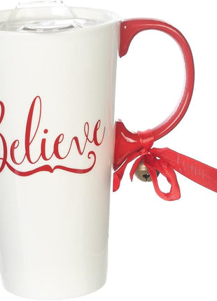 Christmas Ceramic Mug Porcelain Coffee Cup with Tritan Lid and Box,17 oz Bell Decorated (Believe)
