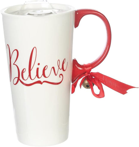 Christmas Ceramic Mug Porcelain Coffee Cup with Tritan Lid and Box,17 oz Bell Decorated (Believe)