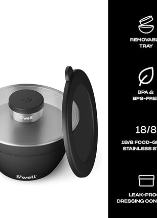 S’well Stainless Steel 64oz Salad Bowl Kit in Onyx, Comes with 2oz Condiment Container and Removable Tray for Organized Serving, Leak-Proof and Dishwasher Safe