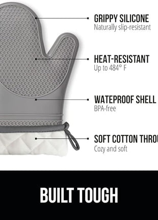 GORILLA GRIP BPA-Free Soft Silicone Oven Mitts, Heat Resistant and Waterproof Cooking Gloves, Thick Cotton Lining, Flexible Gripping for Baking Grilling, Kitchen Potholders Set of 2, 12.5x8.3, Gray