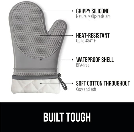GORILLA GRIP BPA-Free Soft Silicone Oven Mitts, Heat Resistant and Waterproof Cooking Gloves, Thick Cotton Lining, Flexible Gripping for Baking Grilling, Kitchen Potholders Set of 2, 12.5x8.3, Gray