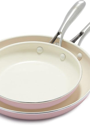 GreenLife Artisan Healthy Ceramic Nonstick, 8" and 10" Frying Pan Skillet Set, Stainless Steel Handle, Induction, PFAS-Free, Dishwasher Safe, Oven Safe, Pink