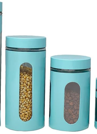 Kitchen Canisters Set For Countertop By Home Basics | Retro-Styled Canisters For Kitchen Counter | Stainless Steel and Glass, See-Through Windows (Turquoise), 4 Pieces