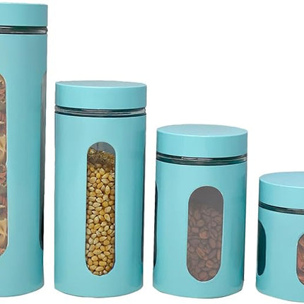 Kitchen Canisters Set For Countertop By Home Basics | Retro-Styled Canisters For Kitchen Counter | Stainless Steel and Glass, See-Through Windows (Turquoise), 4 Pieces