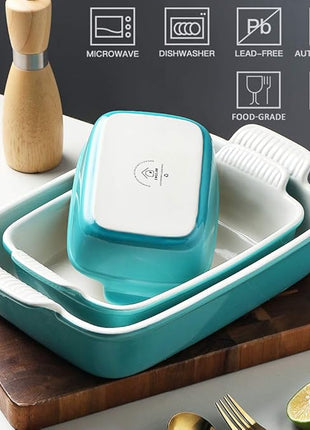 Sweejar Baking Pans Set, Ceramic 9x13 Baking Dish with Handle, Rectangular Casserole Dishes for Oven, Bakeware Sets of 3, Durable Lasagna Pan Deep for Kitchen, Banquet, Wedding Gift(Turquoise)