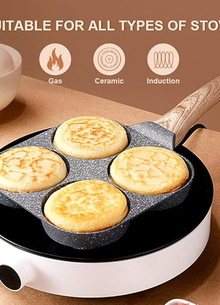 Fried Egg Pan, Egg Frying Pan 4 Cups Egg Poacher Pan Nonstick Mini Pancake Pan Burger Maker for Breakfast, Aluminum Alloy (Black)