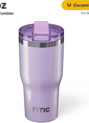 RTIC 30oz Essential Tumbler with Lid, Ceramic Lined, Insulated, Stainless Steel, Metal, Double Wall Vacuum-Insulation, Travel Cup for Iced Coffee, Tea, Hot and Cold Drink, Lavender Glitter