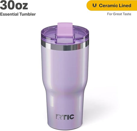 RTIC 30oz Essential Tumbler with Lid, Ceramic Lined, Insulated, Stainless Steel, Metal, Double Wall Vacuum-Insulation, Travel Cup for Iced Coffee, Tea, Hot and Cold Drink, Lavender Glitter