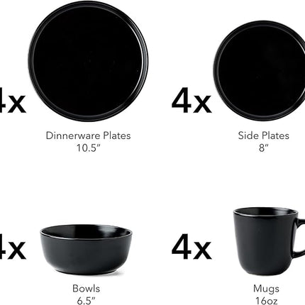 SKUGGA Round Stoneware 16pc Dinnerware Set of 4, Dinner Plates, Side Plates, Cereal Bowls, Mugs - Matte Black (472979)