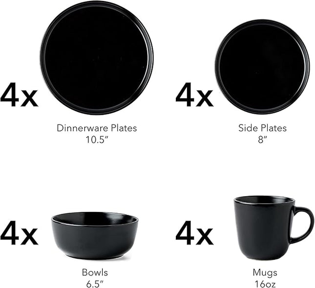 SKUGGA Round Stoneware 16pc Dinnerware Set of 4, Dinner Plates, Side Plates, Cereal Bowls, Mugs - Matte Black (472979)