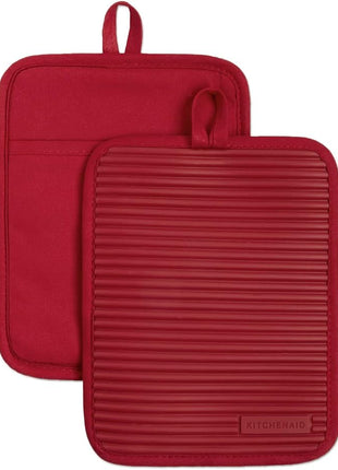 KitchenAid Ribbed Soft Silicone Pot Holder 2-Pack Set, Passion Red, 7"x9"