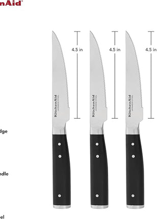 KitchenAid Gourmet 4 Piece Forged Triple Rivet Steak Knife Set, High Carbon Japanese Steel, Sharp Kitchen Knife Set, 4.5 inch, Black