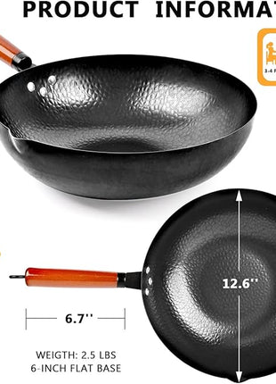 Carbon Steel Wok Pan, 14 Piece Woks & Stir-Fry Pans Set with Wooden Lid Cookwares, No Chemical Coated Flat Bottom Chinese Pan for Induction, Electric, Gas, Halogen All Stoves - 12.6''