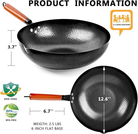 Carbon Steel Wok Pan, 14 Piece Woks & Stir-Fry Pans Set with Wooden Lid Cookwares, No Chemical Coated Flat Bottom Chinese Pan for Induction, Electric, Gas, Halogen All Stoves - 12.6''