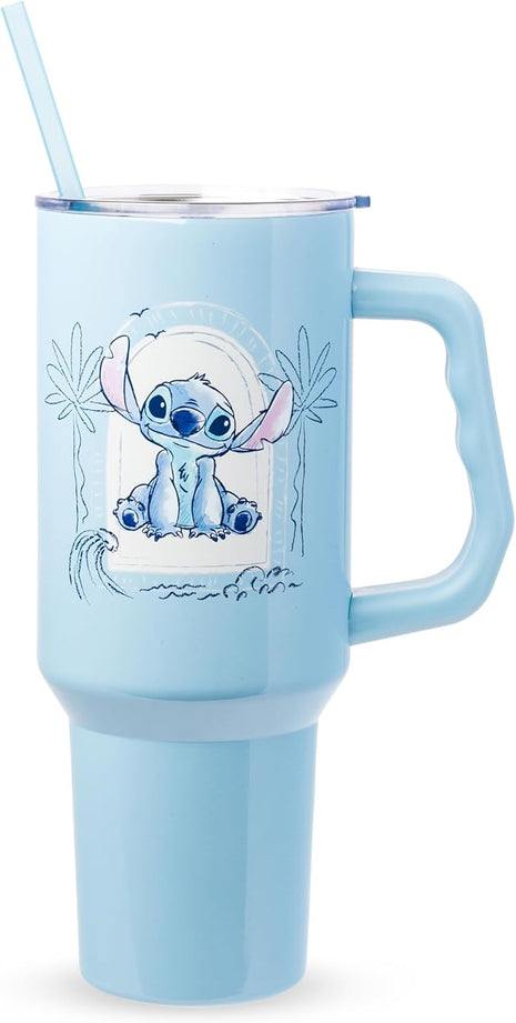 Silver Buffalo Disney Lilo & Stitch Minimalistic Design Ocean & Tropical Stainless Steel Tumbler with Handle and Straw, Fits in Standard Cup Holder, 40 Ounces (Pack of 12)
