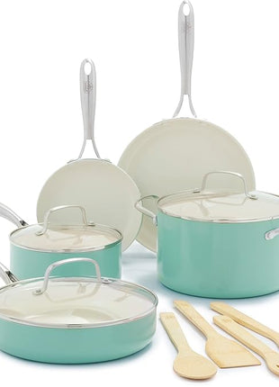 GreenLife Artisan Healthy Ceramic Nonstick, 12 Piece Cookware Pots and Pans Set, Stainless Steel Handle, Induction, PFAS-Free, Dishwasher Safe, Oven Safe, Turquoise
