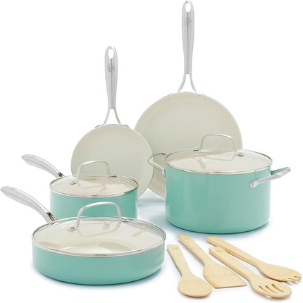 GreenLife Artisan Healthy Ceramic Nonstick, 12 Piece Cookware Pots and Pans Set, Stainless Steel Handle, Induction, PFAS-Free, Dishwasher Safe, Oven Safe, Turquoise