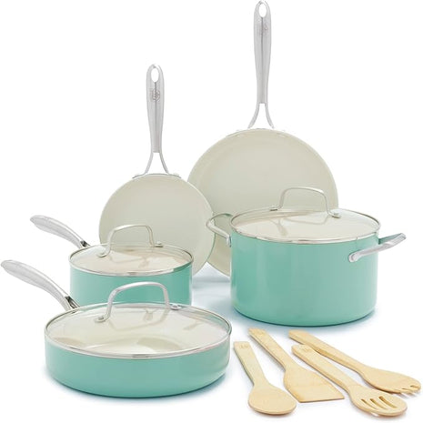 GreenLife Artisan Healthy Ceramic Nonstick, 12 Piece Cookware Pots and Pans Set, Stainless Steel Handle, Induction, PFAS-Free, Dishwasher Safe, Oven Safe, Turquoise