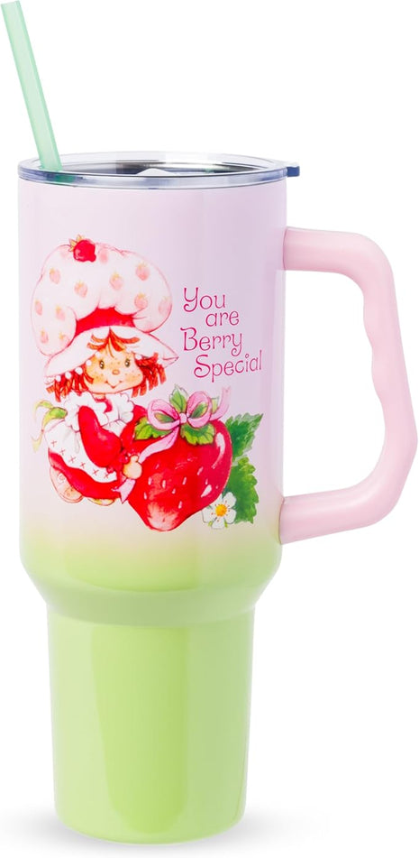 Silver Buffalo Strawberry Shortcake You Are Berry Special Vintage Pink and Green Ombre Stainless Steel Tumbler with Handle and Straw, Fits in Standard Cup Holder, 40 Ounces