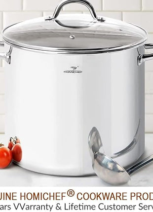 HOMICHEF Commercial Grade LARGE STOCK POT 20 Quart With Lid - Nickel Free Stainless Steel Cookware - Healthy Polished Stockpots - Heavy Duty Induction Soup Pot