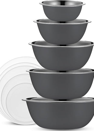 WHYSKO Stainless Steel Mixing Bowl Set, 10 Piece Stainless Steel Mixing Bowls with Lids Set for Food Prep Storage and Serving, Dishwasher Safe for Kitchen Baking Cooking, Grey