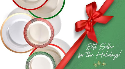 By Madee HEAVYWEIGHT 175 Pc Ivory Plates with GreenTrim | Disposable Dinnerware Set for 25 Guests