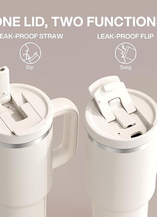 32 oz Tumbler with Handle and Straw: Stainless Steel Insulated Tumbler Keeps Cold for 24 Hours, Leakproof Travel Cup Fits in Cup Holder and BPA-Free, Cream Moon