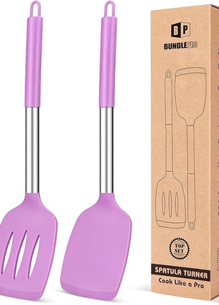 Pack of 2 Silicone Solid Turner, Non Stick Slotted Kitchen Spatulas, High Heat Resistant BPA Free Cooking Utensils, Ideal Cookware for Fish, Eggs, Pancakes(Purple)