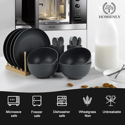 Homienly Wheat Straw Dinnerware Sets, Homienly 20pcs Unbreakable Microwave Dishwasher Safe Tableware Lightweight Bowls, Cups, Plates Set Reusable Dinner Plates Bowls set (Matte Black)