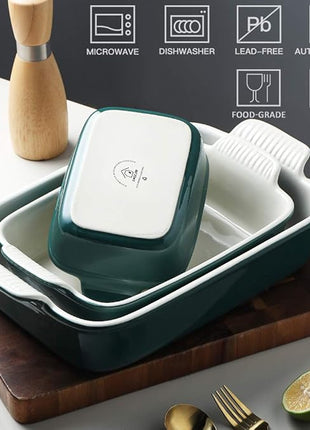 Sweejar Baking Pans Set, Ceramic 9x13 Baking Dish with Handle, Rectangular Casserole Dishes for Oven, Bakeware Sets of 3, Durable Lasagna Pan Deep for Kitchen, Banquet, Wedding Gift(Jade)