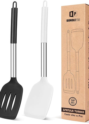 Pack of 2 Silicone Solid Turner, Non Stick Slotted Kitchen Spatulas, High Heat Resistant BPA Free Cooking Utensils, Ideal Cookware for Fish, Eggs, Pancakes(Black-White)