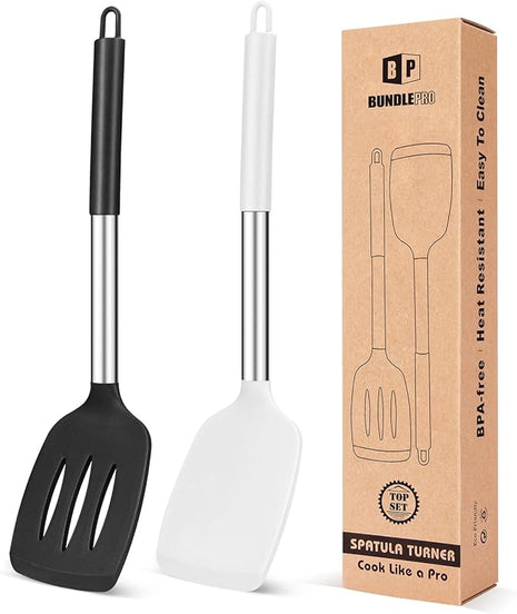 Pack of 2 Silicone Solid Turner, Non Stick Slotted Kitchen Spatulas, High Heat Resistant BPA Free Cooking Utensils, Ideal Cookware for Fish, Eggs, Pancakes(Black-White)