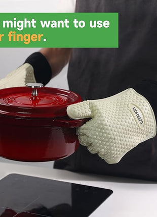 GEEKHOM BBQ Gloves Heat Resistant Oven Mitts - Silicone Grilling Gloves with 13.7" Arm Protection - Waterproof Pot Holder Non-Slip for Men & Women, Kitchen Outdoor Cooking, Baking, Camping, Mint Beige