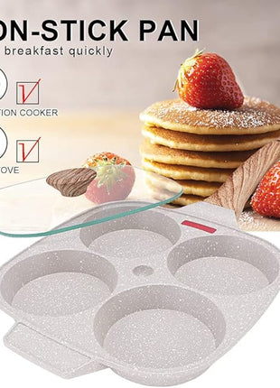 Egg Pan, Egg Frying Pan with Lid Nonstick 4 Cups Pancake Pan Fried Egg Pan for Breakfast, Gas Stove & Induction Compatible (White)