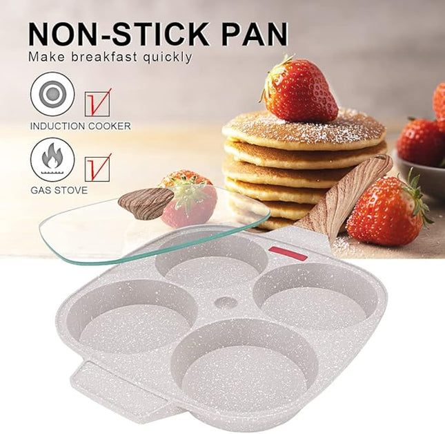 Egg Pan, Egg Frying Pan with Lid Nonstick 4 Cups Pancake Pan Fried Egg Pan for Breakfast, Gas Stove & Induction Compatible (White)