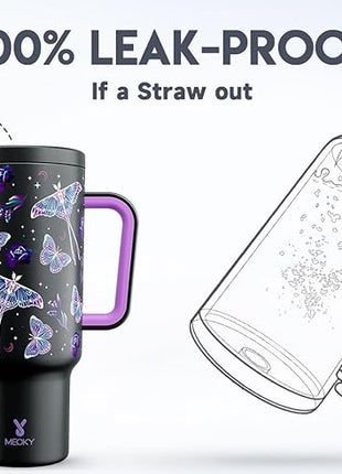 Meoky 40 oz Glow in the Dark Tumbler with Handle and Straw, Tumbler with Lid and Straw, Insulated Stainless Steel Travel Mug, 100% Leak-proof, Keeps Cold for 34 Hours (Butterfly)