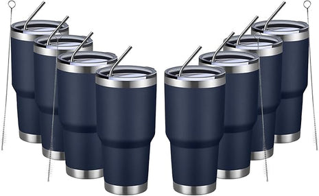 MEWAY 30oz Insulated Tumbler With Lids and Straws,Stainless Steel Double Vacuum Coffee Tumbler Cup, Brush, Durable Powder Coated Coffee Cup for Cold & Hot Drinks(Navy,8 PACK)