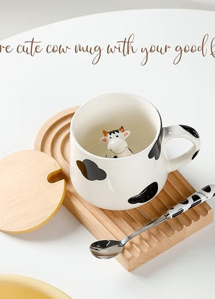 BigNoseDeer Cute Ceramic Cow Mug with 3D Cow Inside,Cow Print Coffee Mug,Cute Mugs with Lid Spoon,Cute Stuff Cool stuff Birthday Gifts Anime Gifts for Women Girlfrend Kids13oz
