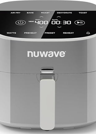 Nuwave Brio Plus 8 Qt Air Fryer, PFAS Free, New & Improved, Digital Touch Screen, Cool White Display, 50°F~400°F in Precise 5°, 5 Cook Functions, 100 Presets & 50 Memory, 3 Wattages 700, 1500, 1800